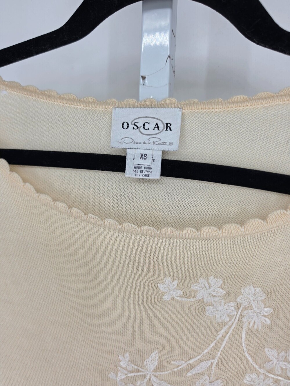 Oscar De La Renta Womens Sz XS 3/4 Sleeve Knit Top Wool Blend Cream Floral - Picture 3 of 5